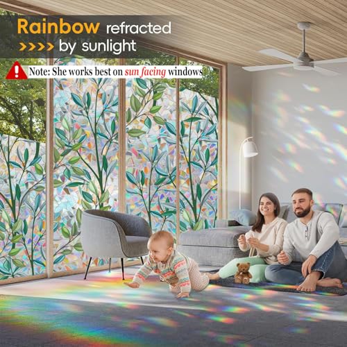 Image of Rainbow Privacy Film with Cutting Line, 3D Decals Stained Glass Window Clings, Static Cling Window Sticker, Suncatcher, 17.5 inch x 78.74 inch
