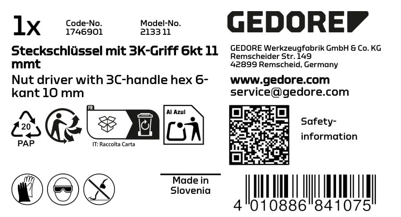 Gedore Socket Spanner with 3K Handle Hexagonal, 2133 11, 11 mm - Image 2