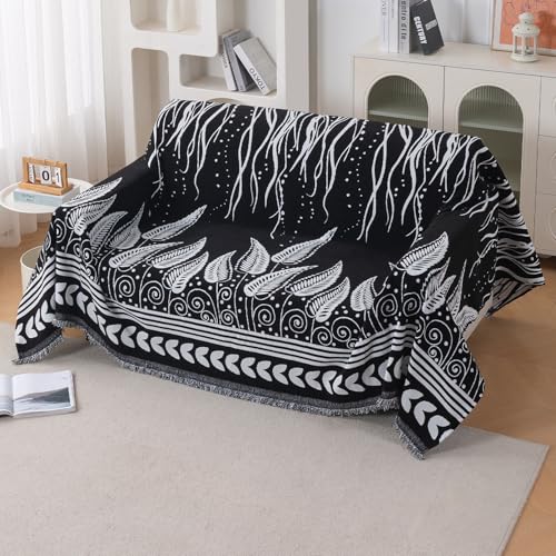 Image of HOKIPO 320 GSM Chenille Sofa Throw Blanket for 2 Seater Sofa - Printed All-Season Sofa Cover, 'Serene Abode Series' Black Fern Tribal (180x250 cm) (AR-6632-D4)