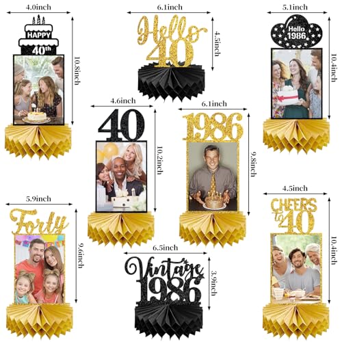 Image of Eucutur 8Pcs 40th Birthday Decorations Honeycomb Centerpieces for Women Men, Black Gold Vintage 1986 40th Bday Photo Table Centerpieces Party Supplies, Glitter Cheers to 40 Year Old Bday Table Topper