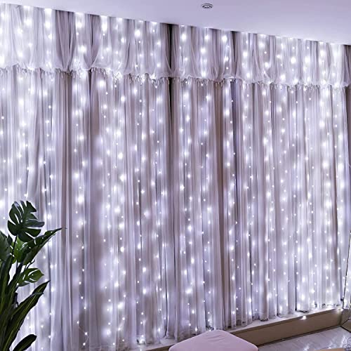 300 luces LED para cortina de hadas, enchufe USB, 8 modos, cadena de luces colgantes con control remoto para dormitorio, interior, exterior, bodas, fiestas, decoraciones (3 m x 3 m, blanco) Cover