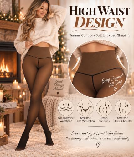 Image of MERYLURE High Waist Fleece Lined Tights Women Skin Tone, Fake Translucent Winter Warm Pantyhose Thick Thermal Leggings