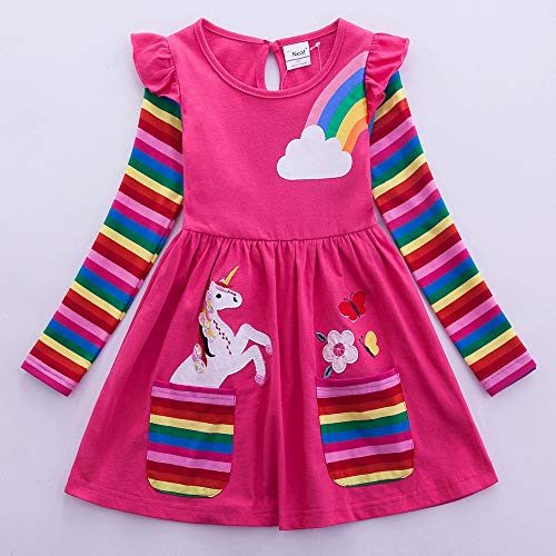 Cotton Girls Flower Rainbow Long Sleeve Dresses Butterfly Animal for Kids 3-8 Years2