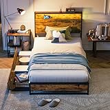 LINSY Twin Bed Frames with Ergonomic Headboard & Lights, Twin Size Bed Frame with 2 Drawers & Charger, Kids Bed Frame with Storage, Rustic Brown