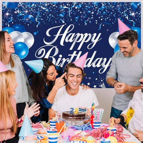 Image of Happy Birthday Backdrop Banner, Blue and Silver Birthdays Banner Backdrop, Happy Birthday Party Decorations Yard Sign Background for Kids Birthdays Party Indoor Outdoor Decorations