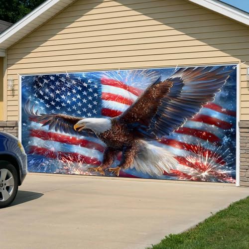 4th of July Garage Door Cover 7x8Ft Banner Blue American Flag Eagle USA Independence Day Garage Door Decorations Backdrop for Christmas/Halloween Holiday Garages Covers