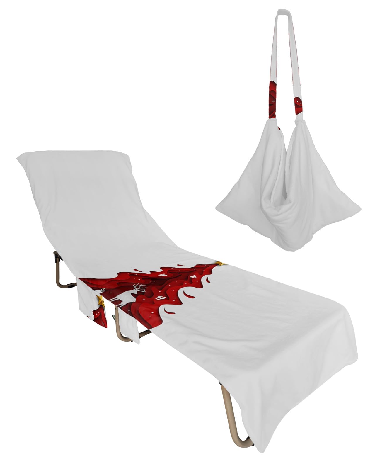 Red Christmas Tree Beach Lounge Chair Towel Cover, Soft Chaise Lounge Towel with Side Pockets Patio Pool Chairs Cover for Beach/Pool Sunbathing 29x85 Xmas Elk Winter Snowflake Birds