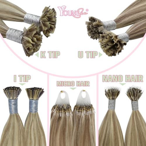 Image of YoungSee K Tips Hair Extensions Real Human Hair Light Brown K Tip Extensions for Women Light Brown Highlight Blonde 22In Straight 50s /50g