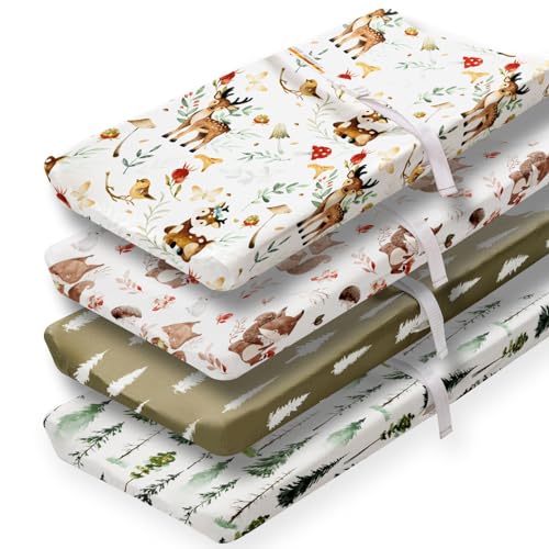 Image of 4 Pack Changing Pad Covers Woodland Forest Animals Wood Neutral Unisex Fitted Baby Changing Pad Cover Set for Baby Boys or Girls (Beer)