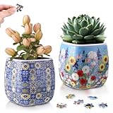 Enhon 2 Pack 3D Puzzle Planter Set, Portuguese Tiles and Summer Flowers Design, 96 Pieces 3D Puzzle Vase, Indoor Cactus and Succulent Pots, Engaging Home Decor Craft, Ideal for DIY Lovers