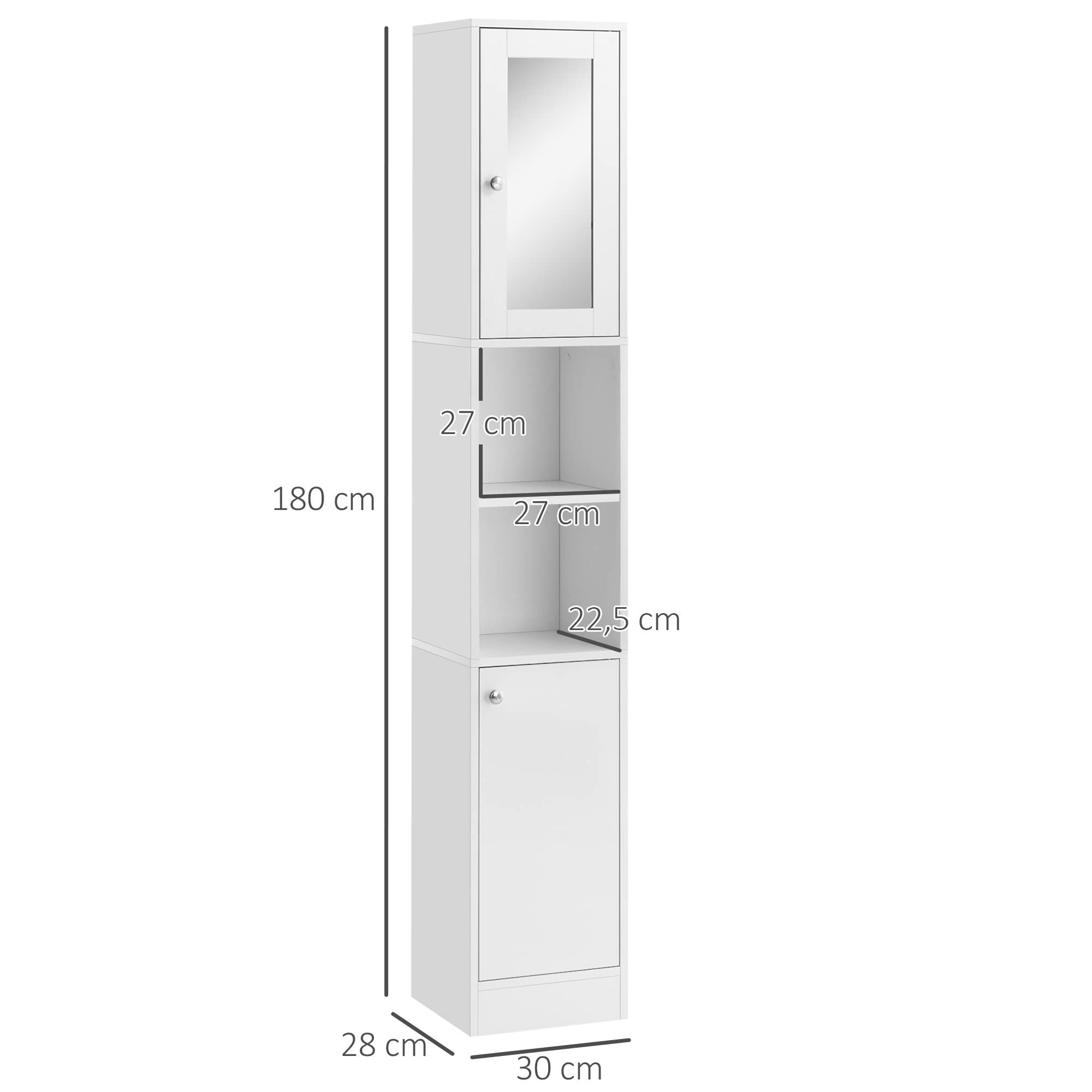 kleankin Armario Alto para Baño con Espejo Madera 30x28x180 cm Blanco | Mueble Columna de Baño, 2 Estantes Abiertos, 2 Puertas, Baldas Interiores Ajustables