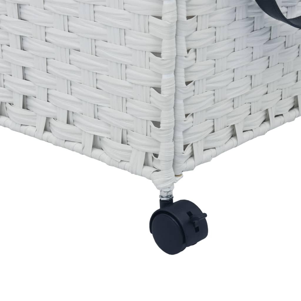 Kosz na pranie z rolkami, biały, 60 x 35 x 60,5 cm, rattan, 3 półki na pranie i kosz na pranie, z pokrywką, uchwytem, workiem wewnętrznym i hamulcem do pralni