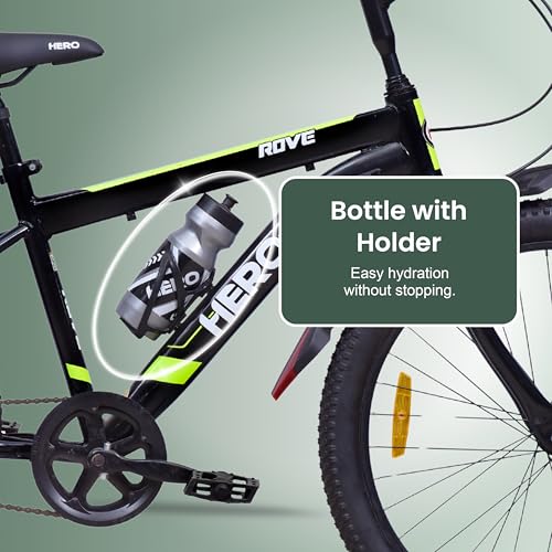 Image of Hero Rove Sports 24T Single Speed Mountain Bicycle for Mens | Black-Lime Green | Rigid | V Brake | Steel Frame : 15.5Inches | Rider Height : 4ft 4 inch - 5ft 1 inch | 95% Pre-Assembled(Ready to Ride in 5 Min)