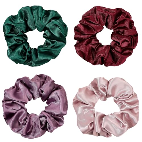 Image of Silk Scrunchies for Girls and Women - Cute Hairties for Thick, Curl, or Fine Hair, No Crease Soft Hair Accessories, Ponytail Holders (Burgundy, Purple, Pink, Green)