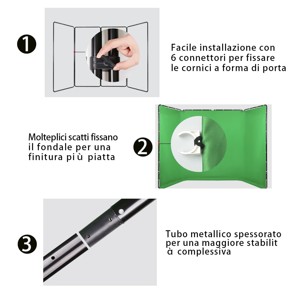 2,4m x 4m Sfondo Verde Grande Fotografico con Supporto Portatile per Video, Ritratto, Streaming, Studio,Fotografia di Prodotto, Keying, Palcoscenico