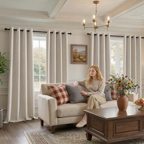 Image of Chenille 100% Blackout Curtains 102 Inches Long for Bedroom, Light Beige | Velvety-soft, Luxury Drapes, Thermal Insulated, Noise Reduction, Room Darkening, for Living Room, Grommet, Set of 2 Panels