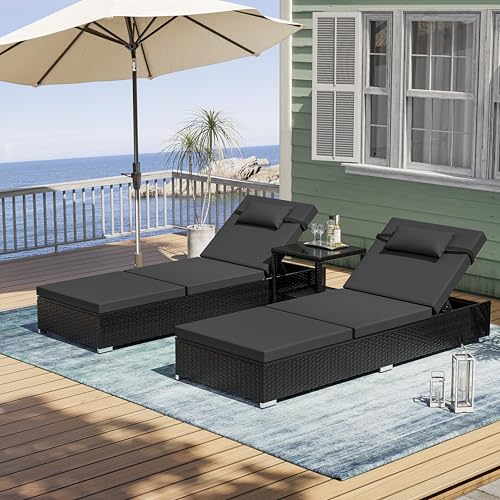 UDPATIO Lot de 2 Chaises Longues de Jardin avec Table, Bain de Soleil 5 Positions de Réglage, Charge 160 kg, pour Terrasse, Pelouse, Jardin, Piscine, Rotin...