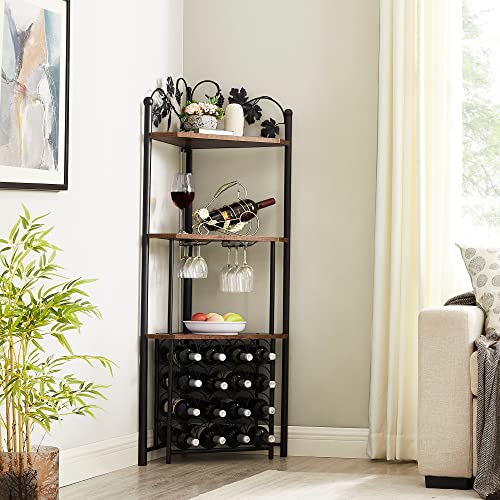 Vecelo 3-Tier Corner Wine Rack Freestanding Floor With Glass Holder, 16 Bottles, Wooden Home Liquor Bar Cabinet Storage Display Shelf For Kitchen Dining Room, Rustic Brown #TOP16