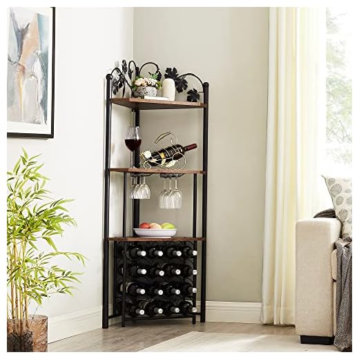 VECELO 3-Tier Corner Wine Rack Freestanding Floor with Glass Holder, 16 Bottles, Wooden Home Liquor Bar Cabinet Storage Display Shelf for Kitchen Dining Room, Rustic Brown