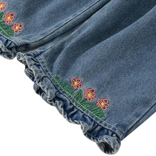 Toddler Flowers Denim Pants Kids Girl Wide Leg Jeans Pants Elastic Waist Trousers4