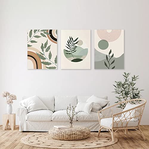Sage Green Boho Wall Art Set of 3, Boho Room Decor, Mid-Century Modern Wall Art Prints, Framed Neutral Geometric Canvas Prints Green Wall Art Sun Rainbow Leaf Mountain Minimalist Artwork 12\" X 16\" for Bathroom Bedroom Living Room Boho Wall Decor