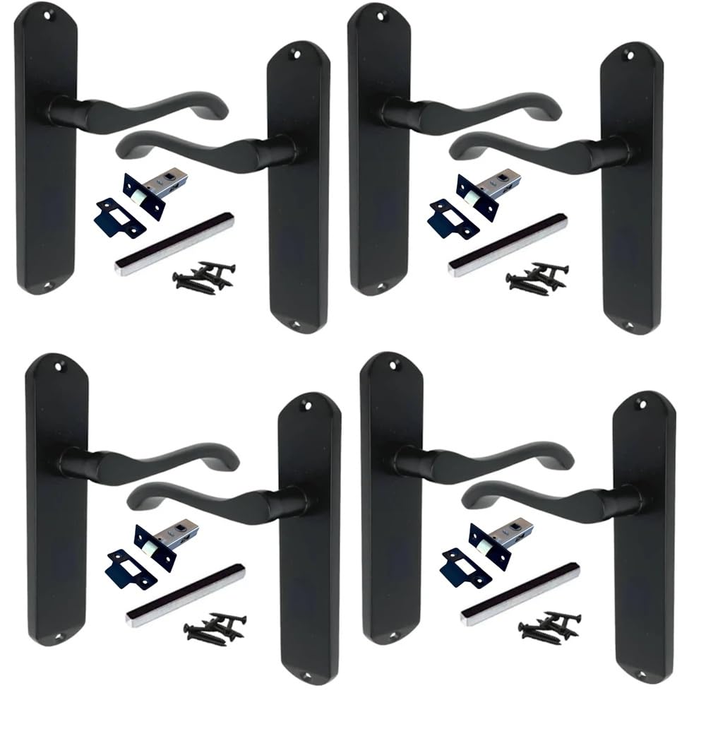 Epsom Door Handle Cadenza Matt Black Victorian Scroll Lever Door Handles – Internal Door Handle Sets on Backplate 178x38mm (Latch, Lock & Bathroom Options Available) (4 Pairs + Tubular Latch)