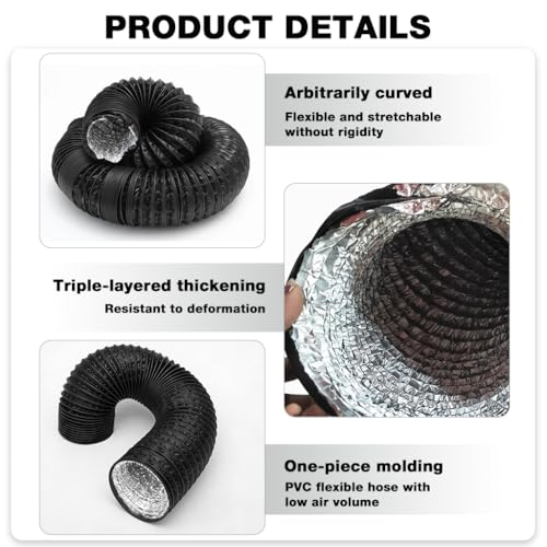 Image of HASTHIP 6 Inch 6.5 Feet Chimney Exhaust Pipe - Flexible Expandable Dryer Vent Hose with Free Hose Clamps Air Ducting PVC Aluminum Foil for HVAC Ventilation-Black
