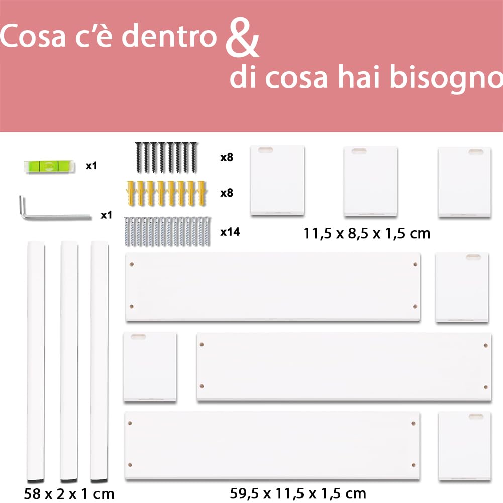 BAKAJI Set 3 Mensole da Parete in Legno, Scaffali a Muro Multiuso e Barra di Protezione Oggetti, Scaffalatura per Camera da Letto, Soggiorno, Cucina, Bagno, Libreria Salvaspazio 3 x 60 cm (Bianco)