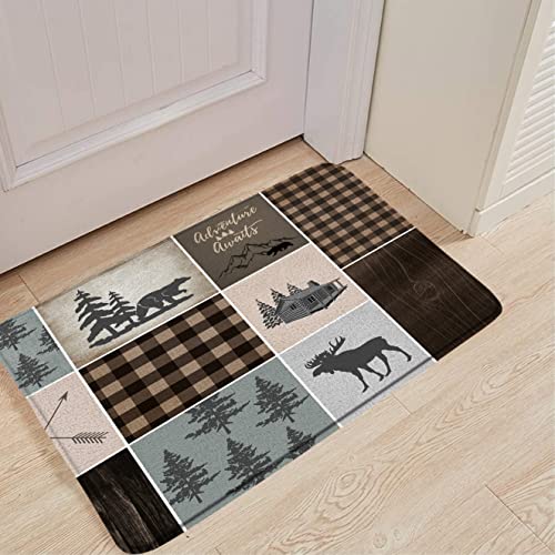 Cabin Bath Mats Rustic Bear Moose Lodge Bathroom Rugs Spring Pine Forest Deer Wild Animal Country Farmhouse Plaid Check Farm Non-Slip Carpet Bedroom Kitchen Floor Decor 29.5 X 17.7 In #TOP4
