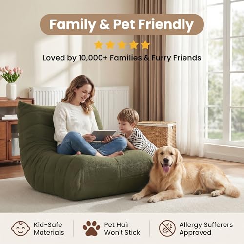 Image of Gazecaia Comfy Bean Bag Chair for Adults Teens | Fireside Floor Lounge Chair, Soft Teddy High-Resilience Memory Foam Bean Bag Couch with Non-Slip Base, for Living Room Bedroom Apartment Office, Green