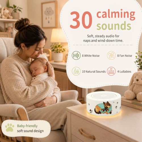 Image of Kipcush White Noise Machine for Baby & Adults, Sleep Sound Machine with 30 Soothing Sounds, 8-Color Night Light, Memory Function, White Noise for Sleeping, Nursery, Office, Travel, Relaxation