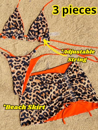 Image of ShawGobow Womens 3 Piece Leopard Bikini Set,Triangle String High Cut Thong Sexy Swimsuit & Coverup Skirt,Pool Party Outfit