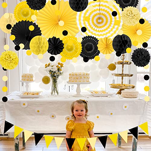 Image of 23Pcs Black and Yellow Birthday Party Decorations Hanging Paper Fans