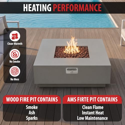 Image of AMS 48 inch Square Concrete GFRC Propane Gas Fire Pit Table (Light Gray)
