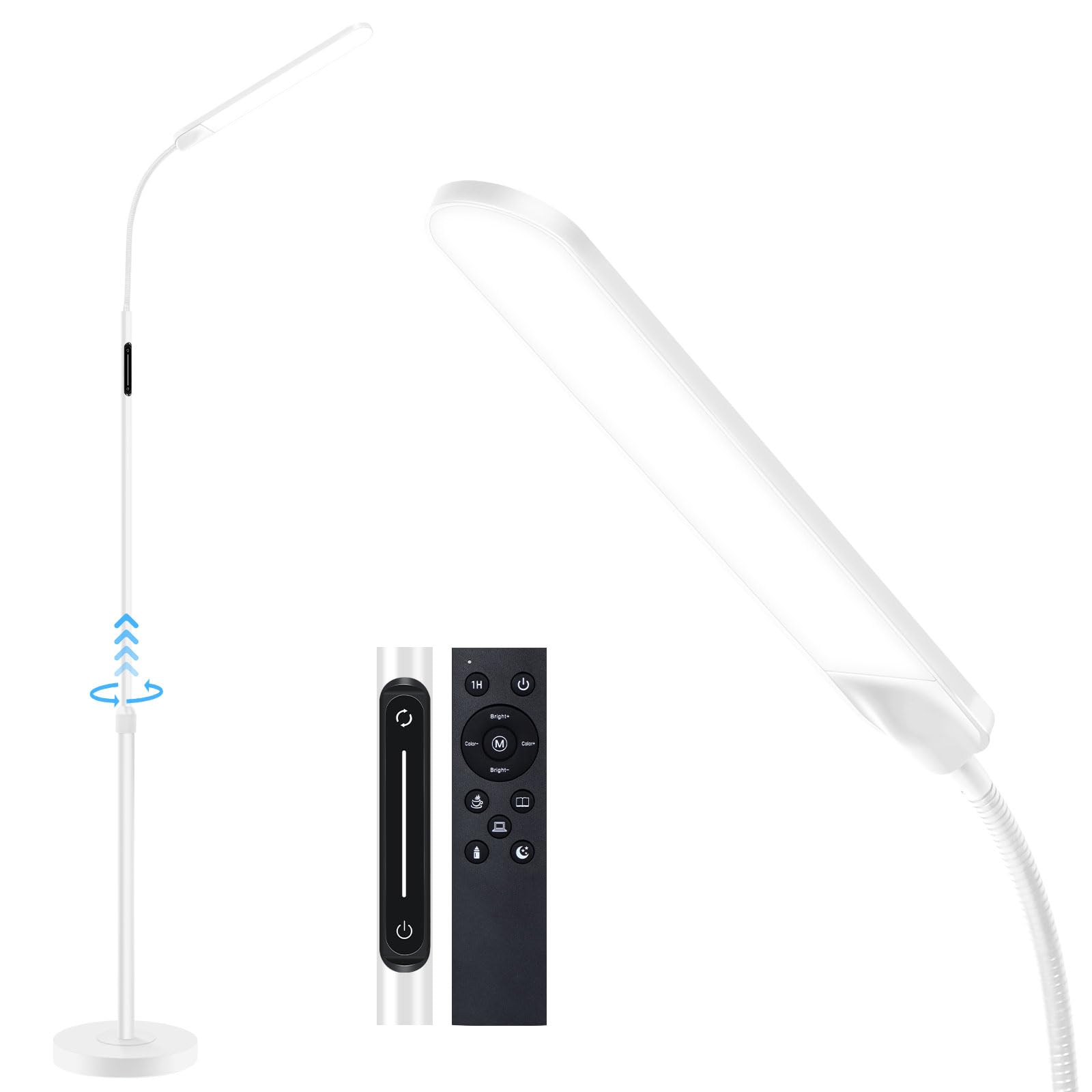 OUTON lámpara de pie LED regulable, lámpara de lectura con 4 temperaturas de color, control remoto y control táctil, temporizador de 1 hora, para sala de estar, dormitorio, oficina, Blanco