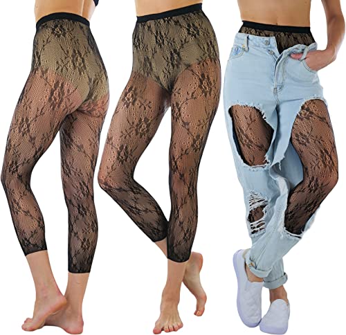 Image of ToBeInStyle Women's Single Floral Lace Fishnet Tights Footless & Stirrup Design