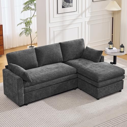 Image of 85 inch Sectional Couches with Right Chaise, Comfy Deep Dual-Layer Cushion Couch, 4 Seater L Shaped Couch, Modern Modular Sofa, Chenille Sofas for Living Room, Apartment, Grey
