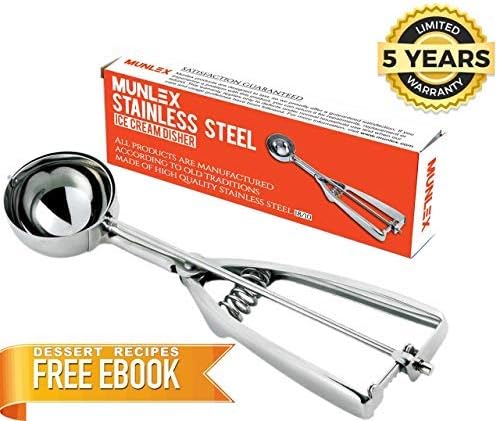 Munlex 18/8 Stainless Steel Professional Cookie Scoop for baking, Cupcake Muffin Batter Dispenser, Cookie Dough Scooper, Medium Size, Silver Color, 5-YEAR Warranty
