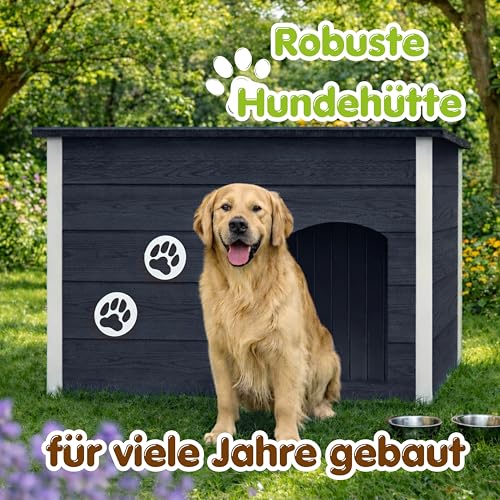 Outentin Hundehütte Outdoor Winterfest - Hundehaus für Große Hund - Isoliert und Wetterfest - Hunde Haus für Draußen mit zum Öffnen Flachdach - Stabile und Moderne Villa - 105 x 71 x 64cm - Grau