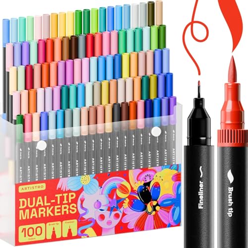 ARTISTRO Marqueurs à double pointe – 100 marqueurs de coloriage – Marqueurs à pointe pinceau et stylos à pointe fine de 0,4 mm – Marqueurs de coloriage pour adultes, marqueurs pour livres de coloriage