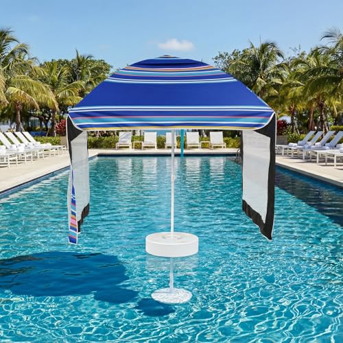 Briwooody 5×5ft Floating Pool Canopy - Outdoor Sunshade Umbrella for Inside of Pool with Portable Floating Table - Summer Supply for Swimming Pools Beach & Lakes - No-Tool Setup - Blue Stripes