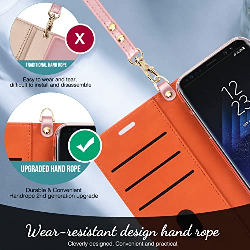 Fyy Wallet Phone Case For Samsung Galaxy S8, Flip Protective Case Cover With [Card Holder] [Wrist Strap] For Samsung Galaxy S8 Rose Gold #TOP5