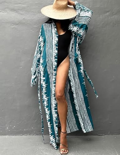 Image of Bsubseach Stylish Tie Dye Open Front Long Kimono Swimsuit Coverup for Women