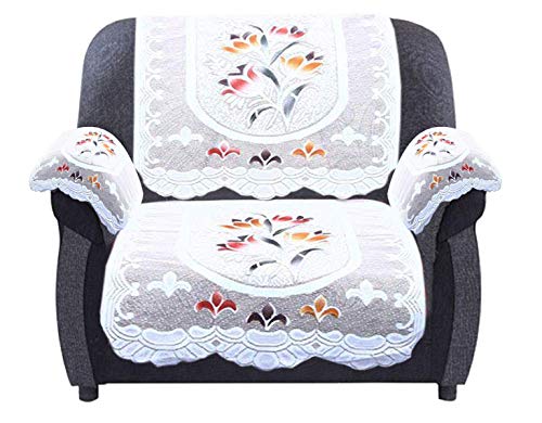 Image of Kuber Industries Flower Design Cotton 5 Seater Sofa Cover with 6 Pieces Arms Cover and 1 Center Table Cover Use Both Side, Living Room, Drawing Room, Bedroom, Guest Room (Set f 17, Cream)