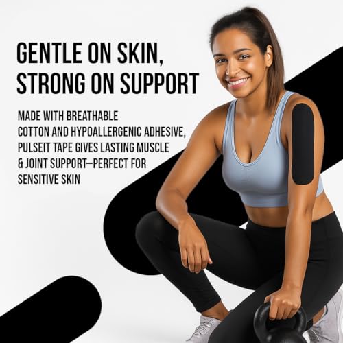 Image of PulseITSportsTape Kinesiology Tape- Waterproof & Sweatproof Sports Tape for Muscle Support, Pain Relief & Injury Recovery | Athletic Physio Tape for Knee, Shoulder, Ankle. 5cm x 5m (Plain, Black)