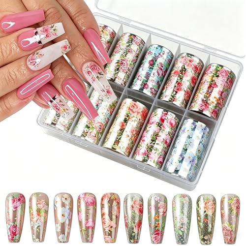 PINE WAVES Nail Foil Transfer Sheets - 10 Rolls Floral Nail Stickers Nail Foils Transfer Nail Art Decals for Spring Flowers Manicure Decoration
