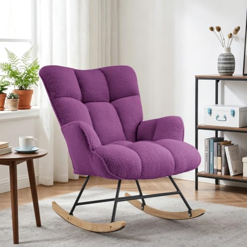 Image of SAETSFEG Rocking Chair Nursery Teddy Upholstered Glider Rocker Rocking Accent Chair Padded Seat with High Backrest Armchair Comfy Side Chair for Living Room Bedroom Office, Grape Purple