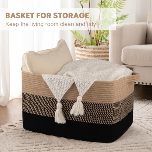 Image of OIAHOMY Large Blanket Basket, 65L Cotton Rope Woven Laundry Basket, Toy Bin for Baby Room, Container for Blanket Storage in Living Room, 20''x16''x12'', Brown & Black