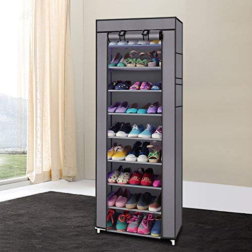 Outvita Rangement Armoire Tissu Meuble à Chaussures, Armoire Étagères à Chaussures avec Housse 9 Couches - 58 x 29 x 160 cm, Gris