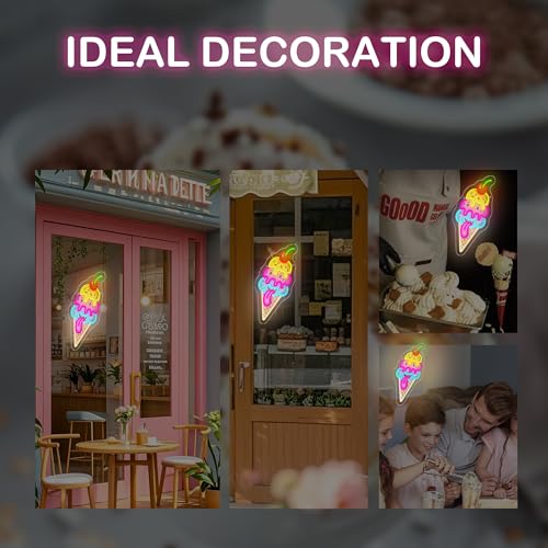 Image of Cute Ice Cream Neon Sign - LED Neon Light Wall Decor with Cherry, Colorful Cone Design, 7.1x12.4 Inches, USB Powered Neon Sign for Bedroom, Kids Room, Game Room, Party Decorations